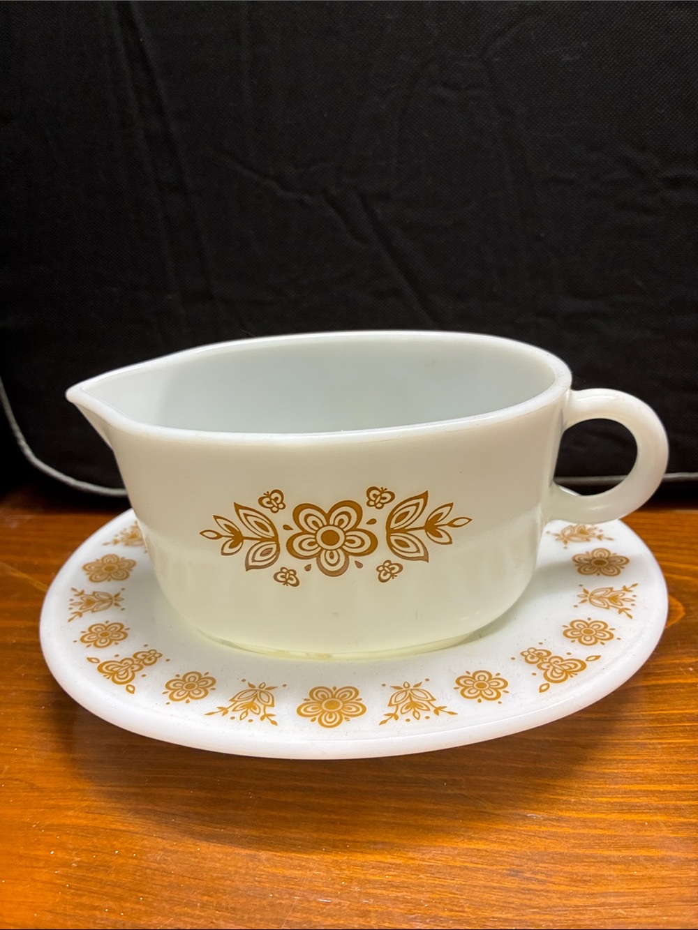 Pyrex White Milk Glass Gravy Boat with Gold Floral Pattern